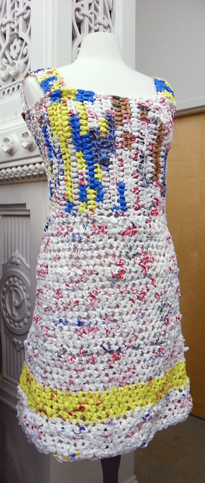 Melissa Madonni Haims, Plarn Dress, plastic bags, ECO+FASHION, Art Gallery at City Hall