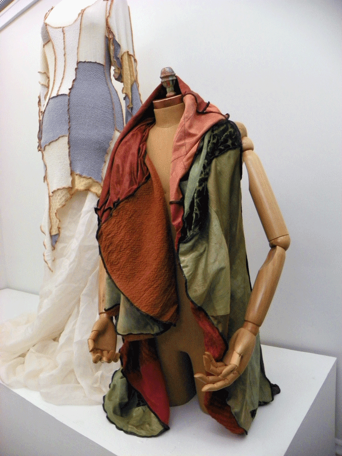 Joanne Litz, Scrap Dress, assembled from sweater knit clippings, Pony Project Vest/Poncho, re-purposed silk, cotton, linen, skirts, ECO+FASHION