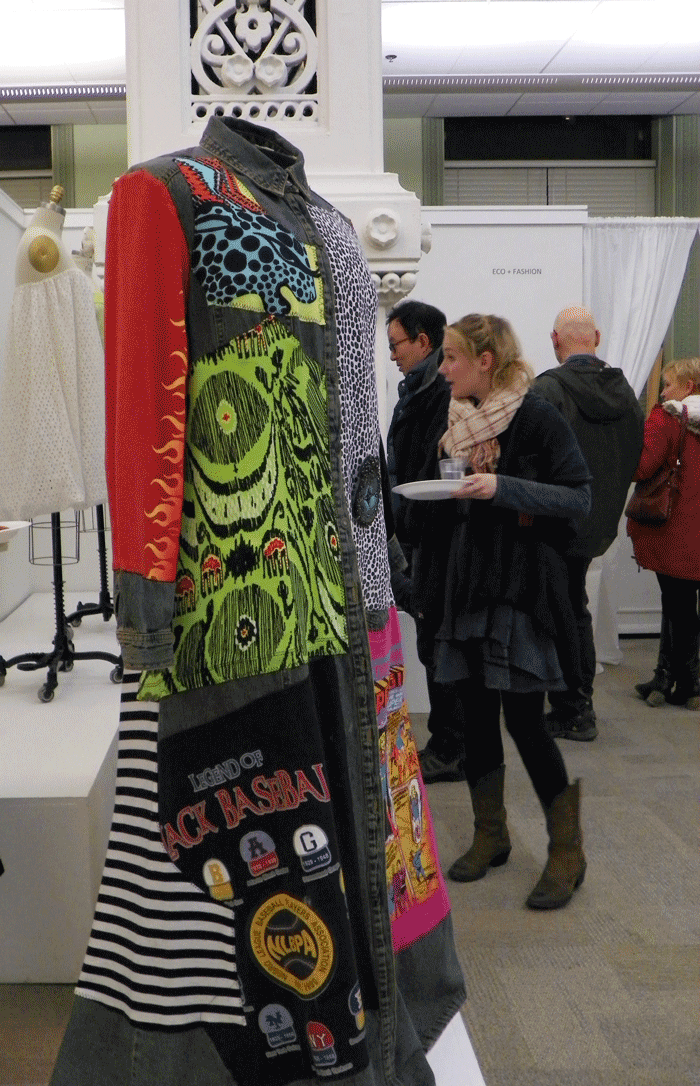 Ellen Benson & Paulette Heilbrun, Super Girl, vintage jeans dress and recycled t-shirts, ECO+FASHION, Art Gallery at City Hall